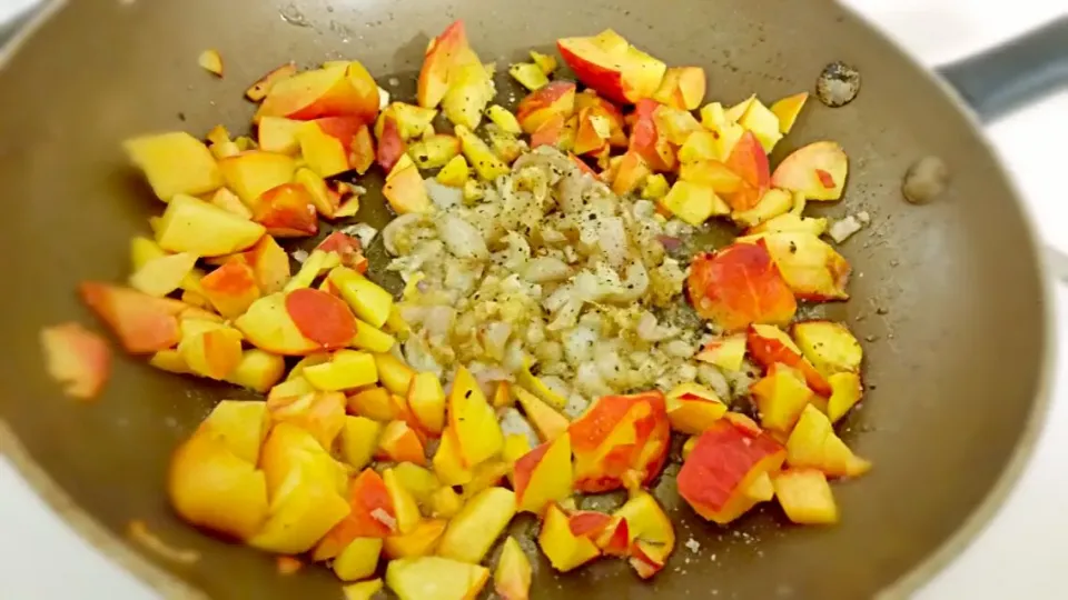 Shallots, fresh ginger, and peach reduction in the works|Amber Keyserさん