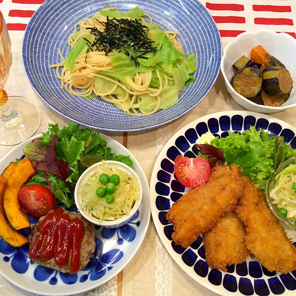 アジフライ 明太パスタ 茄子と南瓜の揚げ煮浸し|侘助さん