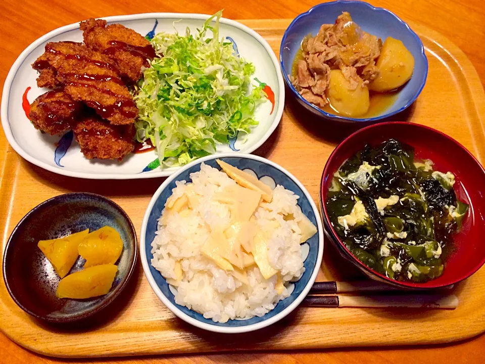 ヒレカツ、筍ご飯、ワカメ卵スープ、肉じゃが|yuyusuzuさん