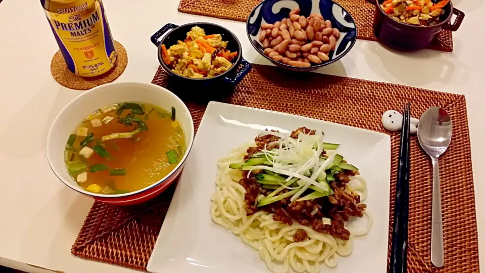 今日の夕食 ジャージャーうどん、春雨スープ、いり豆腐、ゆで落花生|pinknari🐰🌈さん