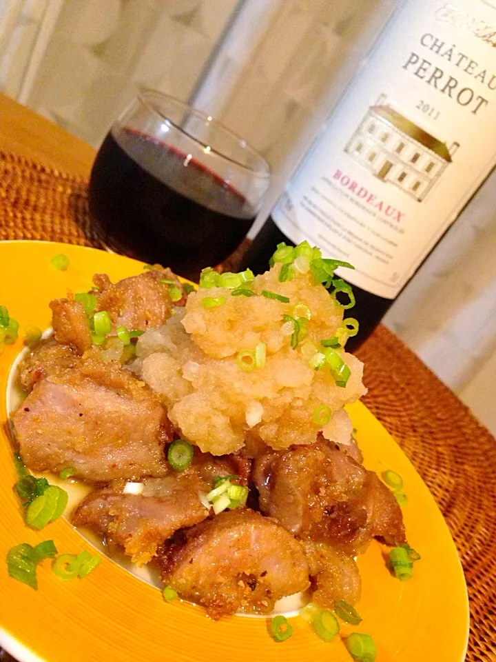 砂肝の唐揚げ おろしポン酢と昨日の残りのワイン🍷|アイさん