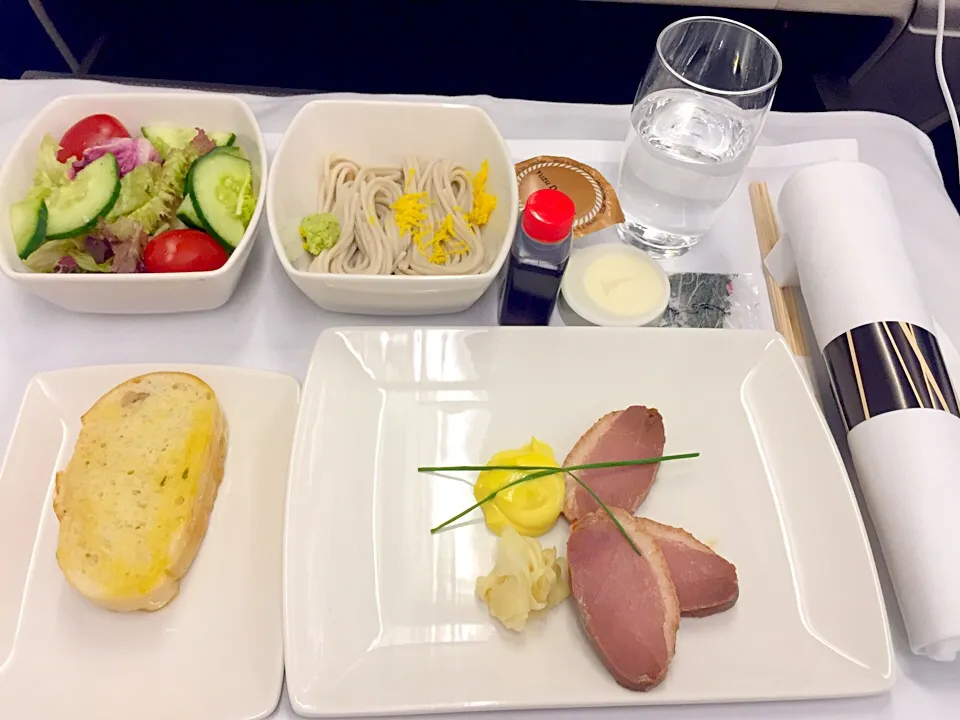 Duck breast with pickle white ginger & mustard mayonnaise, mixed seasonal salad, japanese Yuzu dressing, tounyu soba noodles|Sky Blueさん