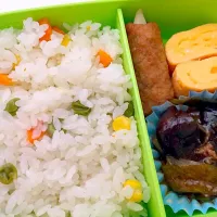 Snapdishの料理写真:ベジタブル炊き込みご飯と麻婆茄子弁当|みーさん