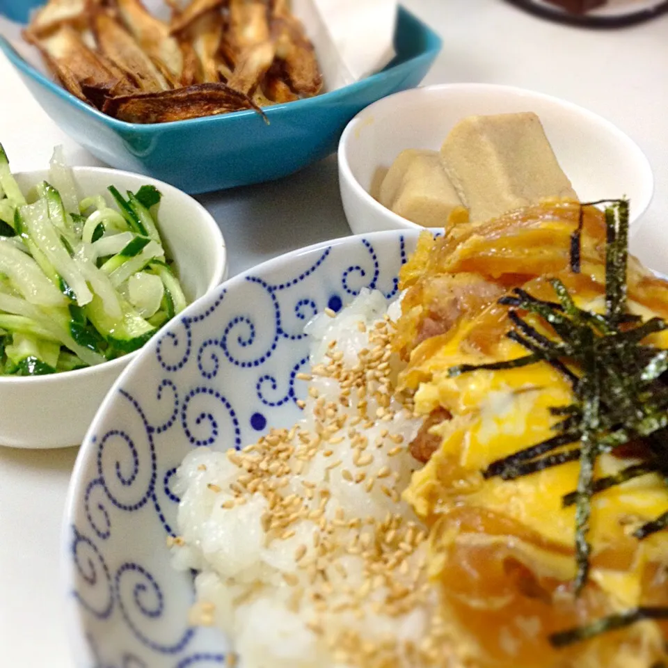 娘たちのおゆはん カツ丼 高野豆腐 きゅうりサラダ ごぼうチップス|yukoさん