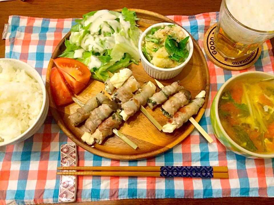 大葉とクリームチーズの豚バラ巻き ツナポテトサラダ トマトと水菜のスープ|haseseさん