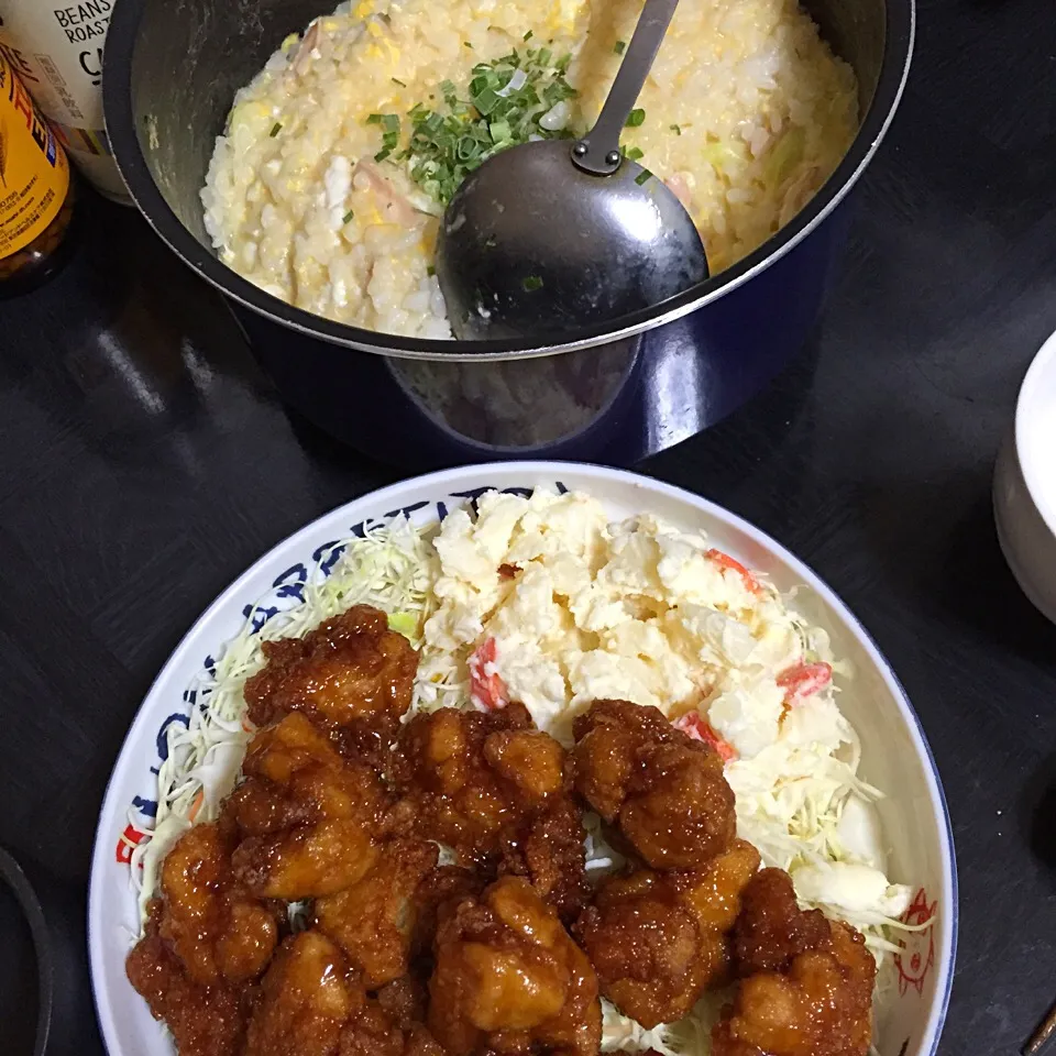 今日の晩ご飯は、ねぎとハムのたまご雑炊、お惣菜の唐揚げの甘酢あんとポテトサラダ。|ゆえさん