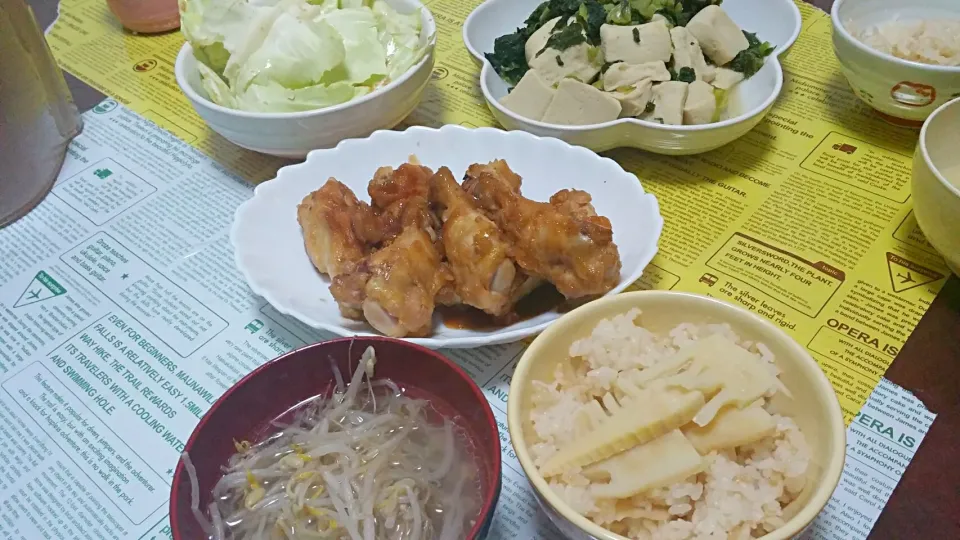 タケノコご飯☆中華スープ☆鶏肉の甘辛焼☆高野豆腐☆塩キャベツ|みぽりんさん