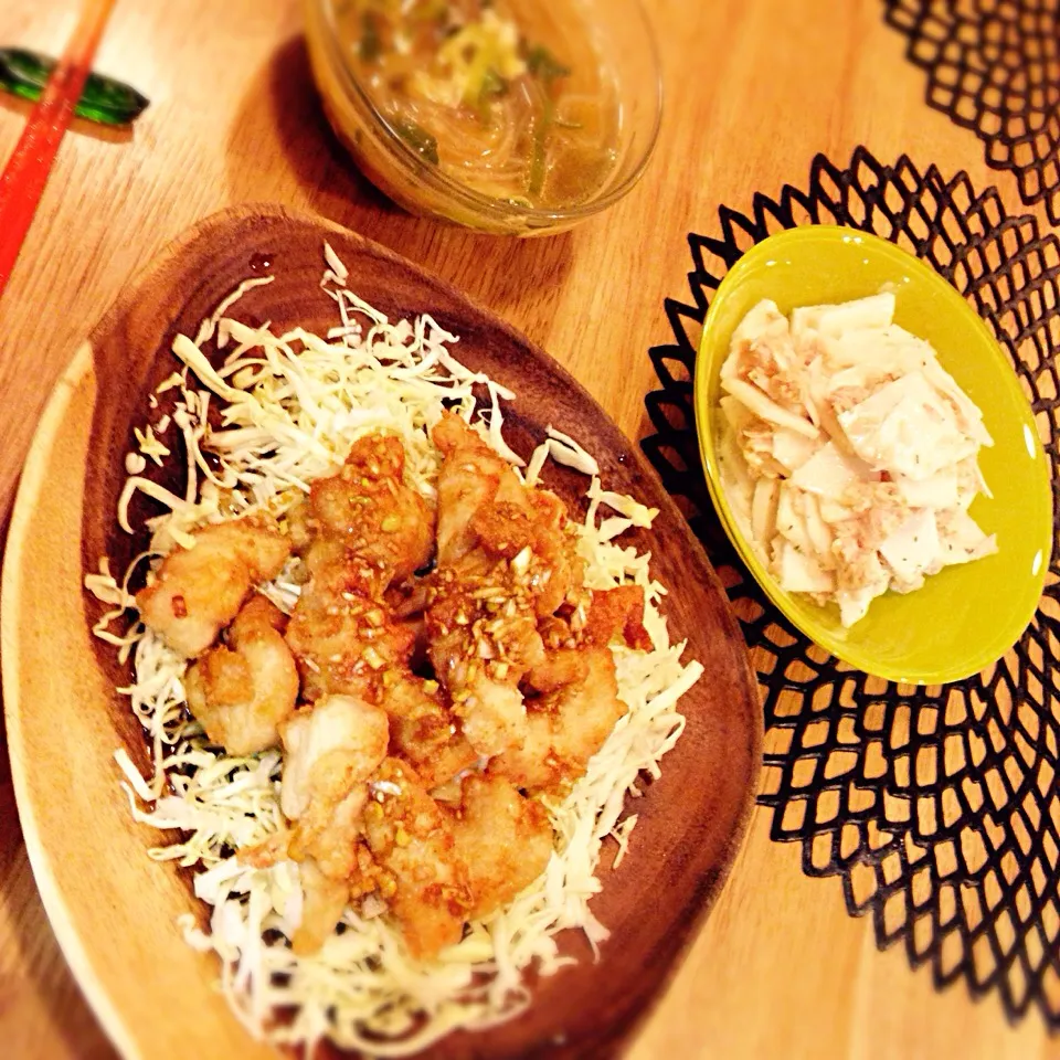 うちのビンボーレシピ 胸肉油淋鶏 ラーメン風春雨スープ かぶとツナのマヨ和え|チーミーさん