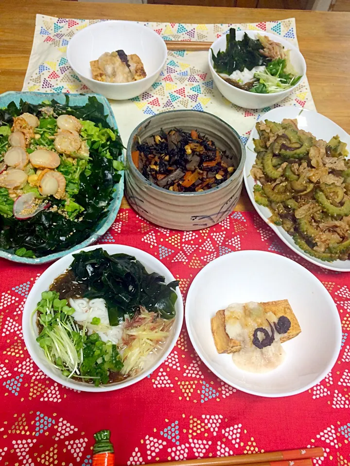 ひじきの煮物 ゴーヤチャンプル 厚揚げの山芋がけ 蒟蒻うどん麺|saki ritaさん