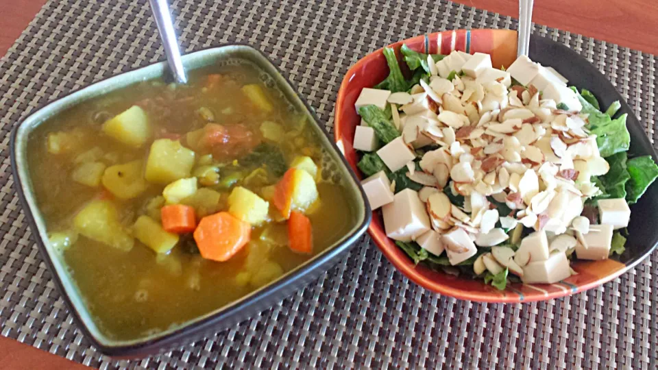 Potato lentil curry cilantro soup and spinach tofu almond salad|Roxxi Liさん