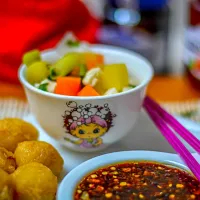 traditional vegetable chicken soup with potato cutlet and spicy soy sauce|veliaさん