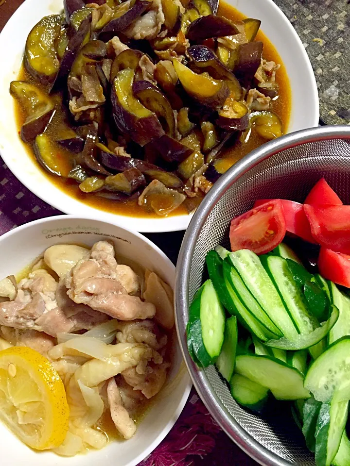 Snapdishの料理写真:鶏肉の塩レモン蒸し焼き 茄子と豚肉のオイスターソース炒め サラダ|掛谷節子さん