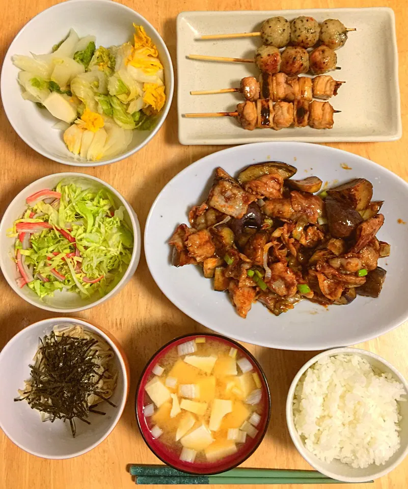 (*´ω｀*) 晩ご飯  ♪  豚肉ナス味噌炒め、エノキの海苔ポン酢和え、ネギま＆紫蘇つくね|Gigi Cafeさん