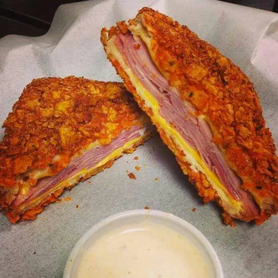 doritos encrusted deep fried ham and cheese sandwich|CHUENCHAIさん