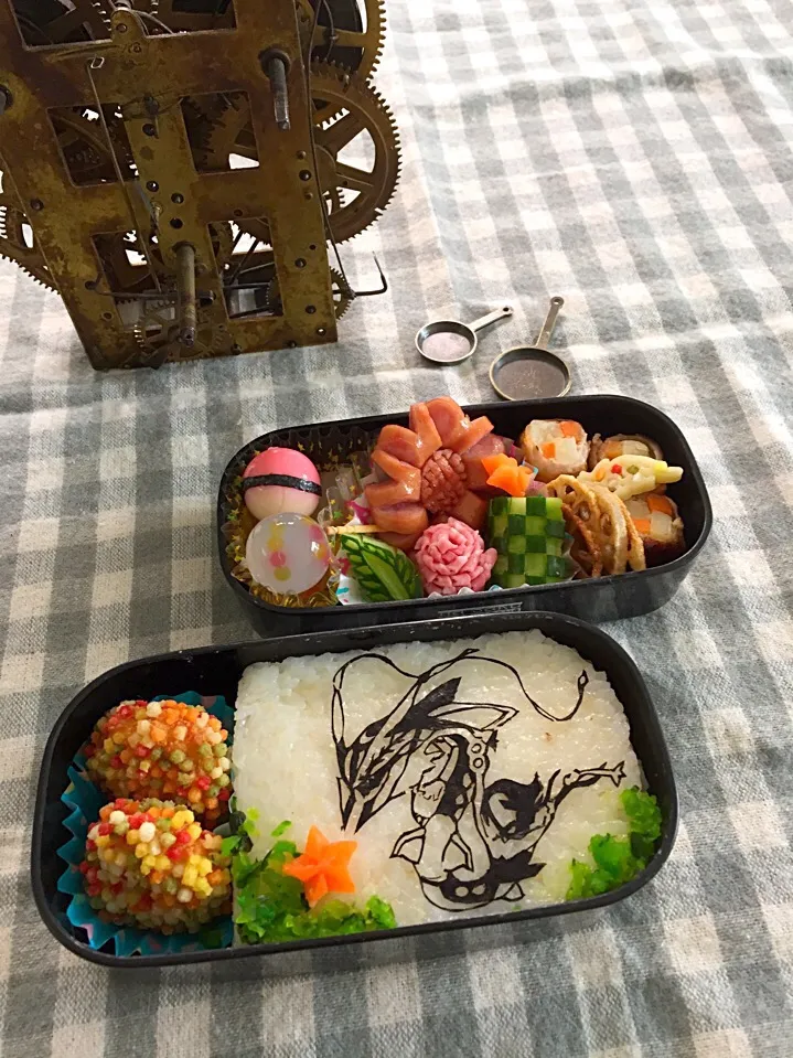 Snapdishの料理写真:次男・学校公開日・ポケモン・メガレックウザ弁当♪|カオサンさん