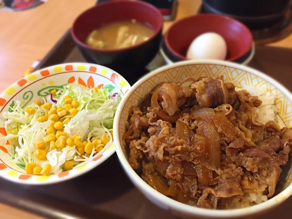 すき家 築地店 牛丼並つゆだくのサラダセットに玉子|ddr3rdmixさん