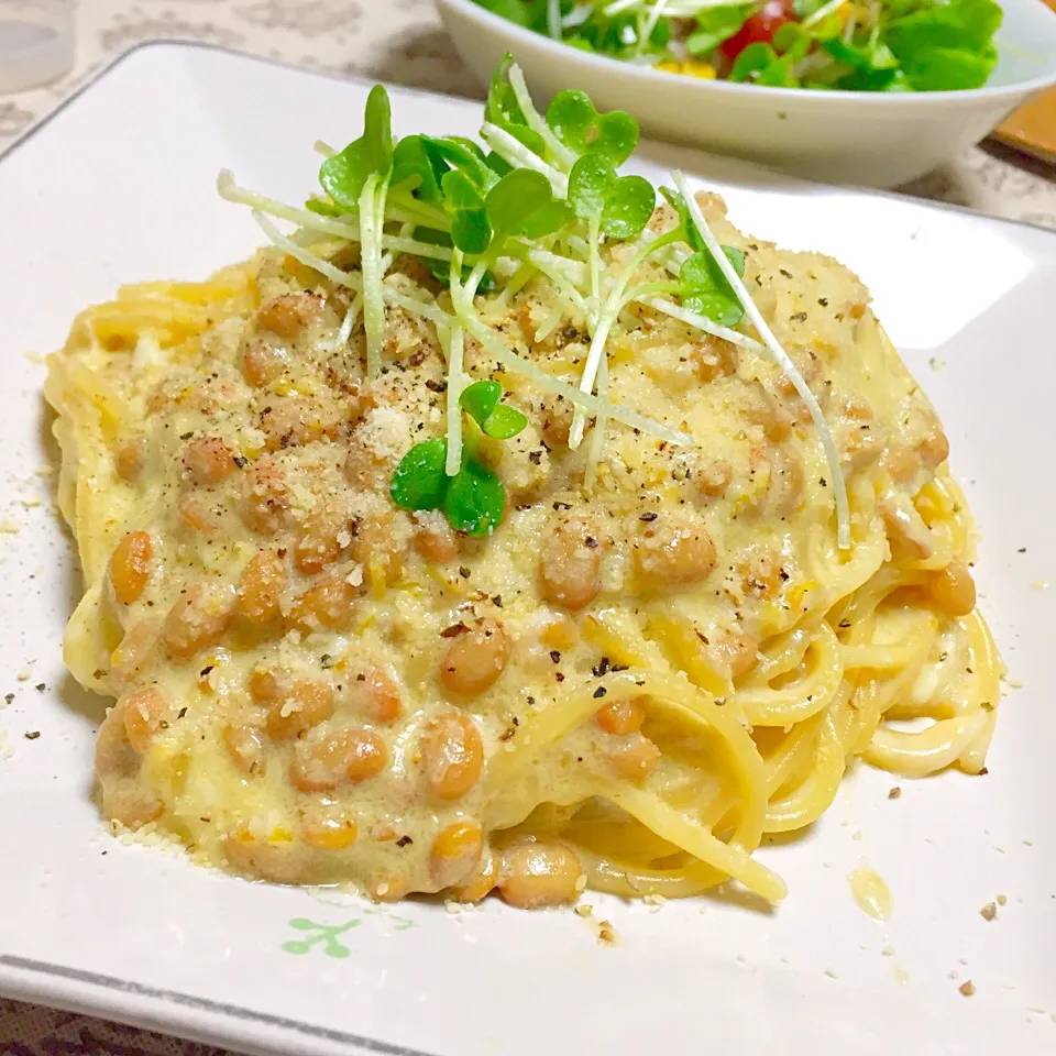 Snapdishの料理写真:焦がし醤油の納豆カルボナーラスパゲティー|カウンター嬢さん