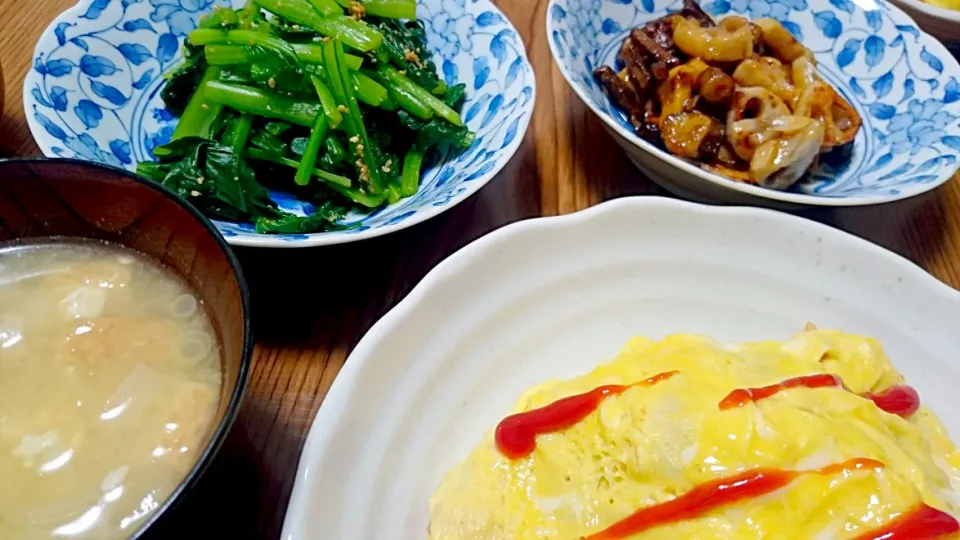 ・オムライス
・牛蒡と蓮根の甘辛揚げ
・小松菜のお浸し
・厚揚げと長ネギの味噌汁|ようかんさん