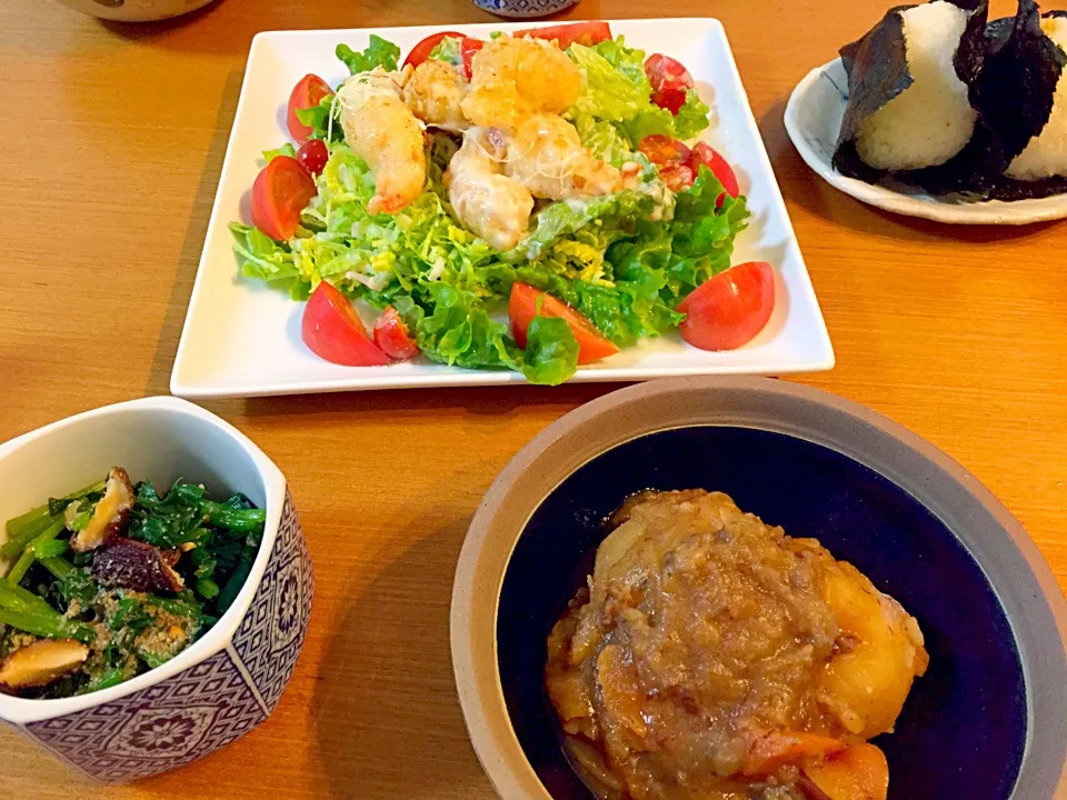 海老マヨは中華屋さんでテイクアウト 肉じゃが ほうれん草と焼き椎茸のお浸し|コニーさん