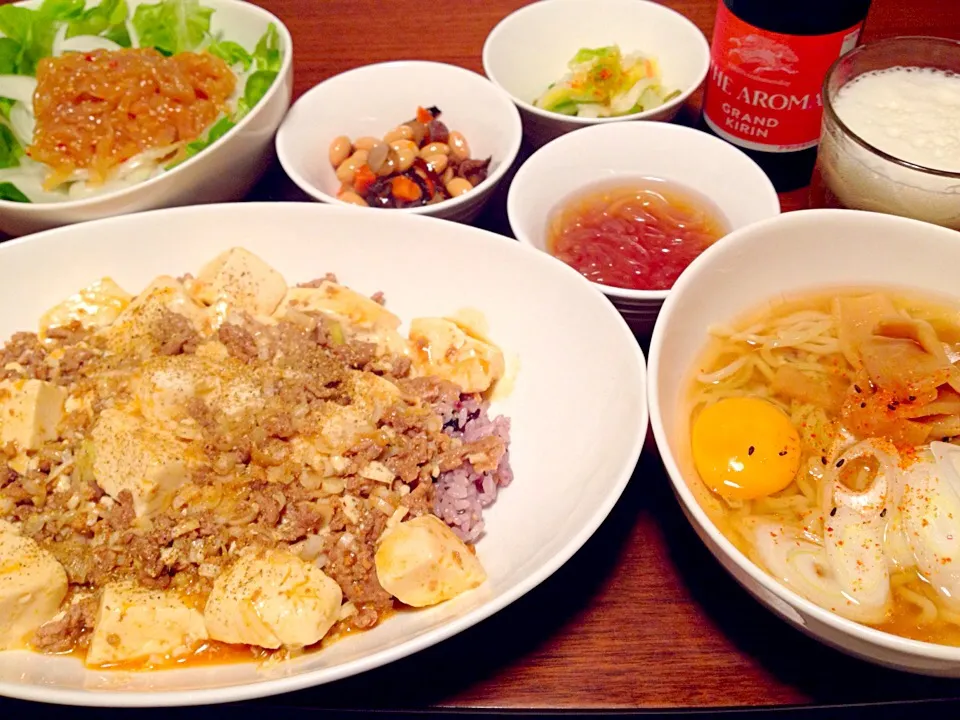 雑穀米麻婆豆腐丼＊塩ラーメン＊新玉ねぎと中華くらげサラダ(^o^)|basilさん