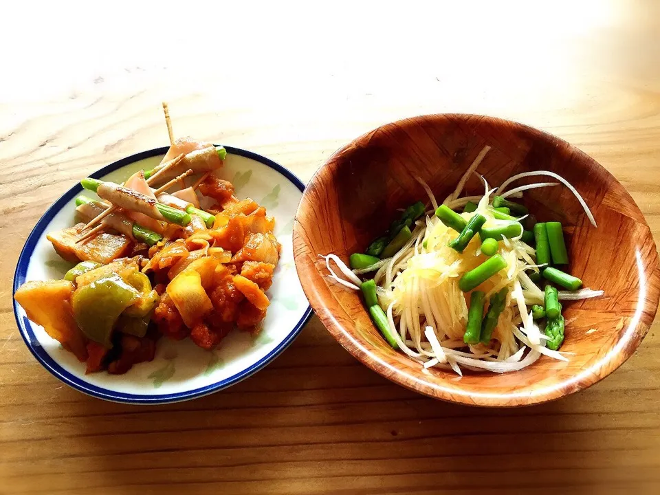 昨日の鶏酢豚、アスパラのハムまき、大根、玉ねぎ、アスパラのサラダ|pepiさん