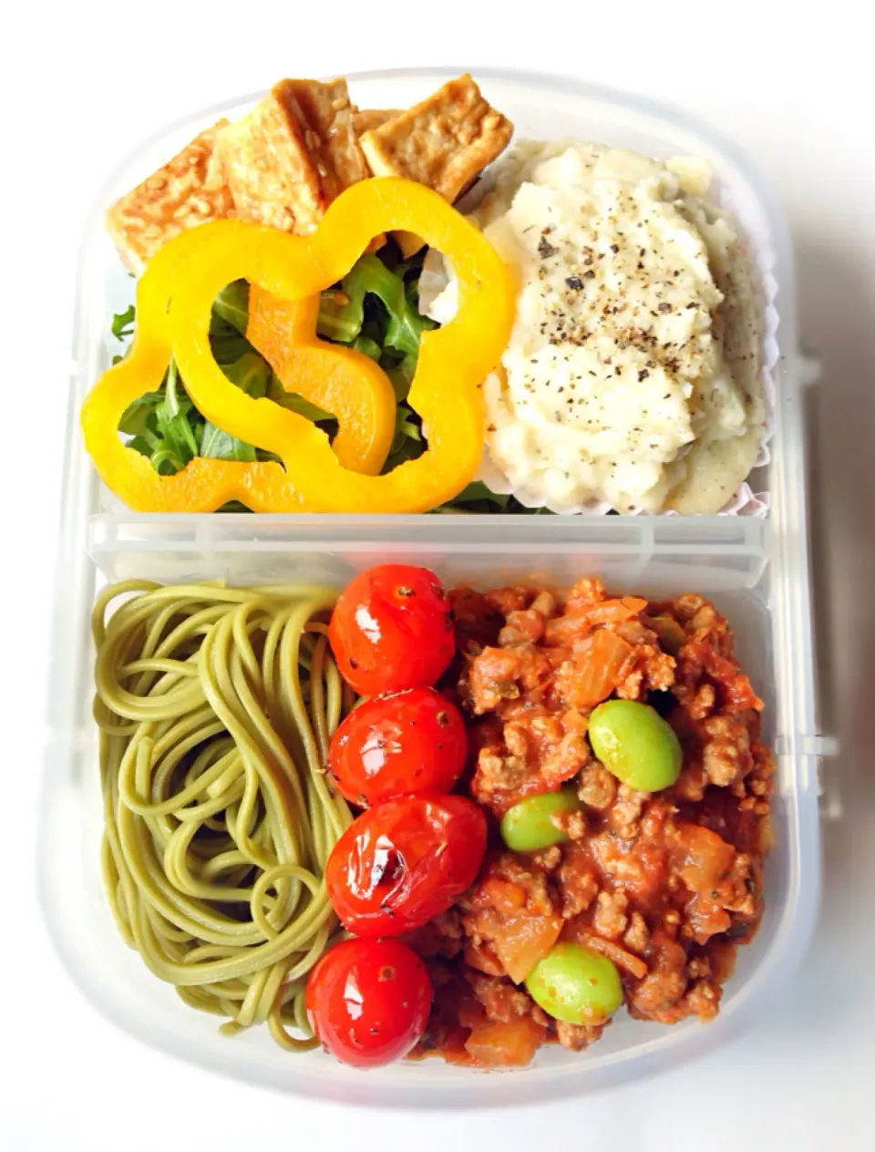 Today's fusion bento - beef bolognese with cha soba, mashed cauliflower with feta cheese, teriyaki tofu  & salad|coxiella24さん