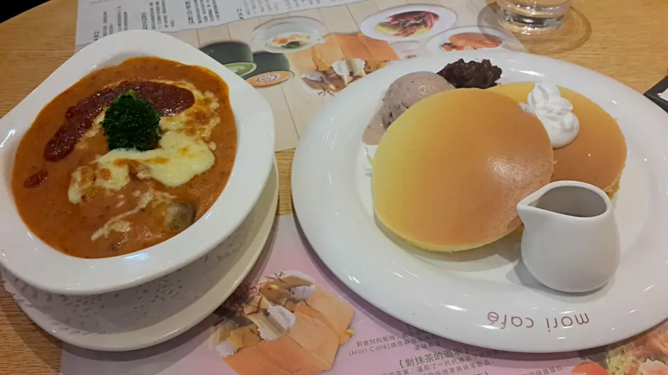 Snapdishの料理写真:番茄芝士炬猪扒+海盐红豆烧|miorumioruさん