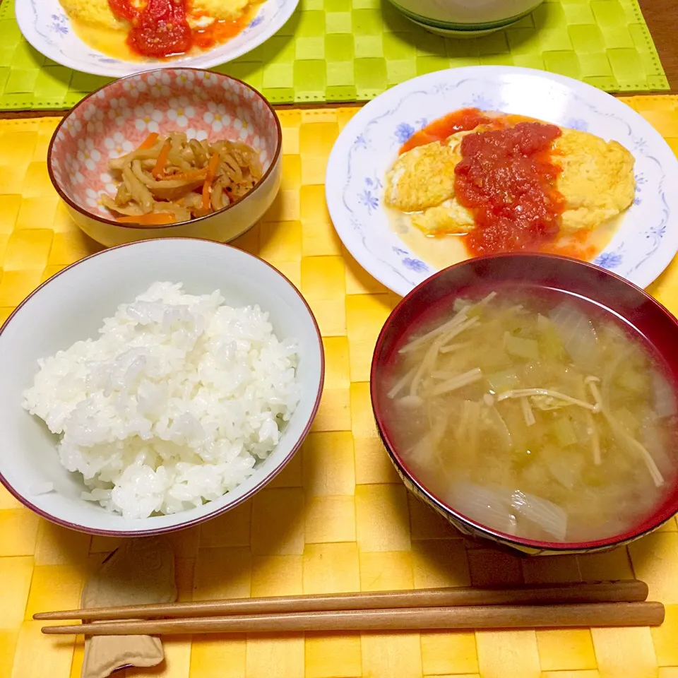 切り干し大根の煮物、オムレツ、菜っ葉とえのきのお味噌汁|舐め子さん