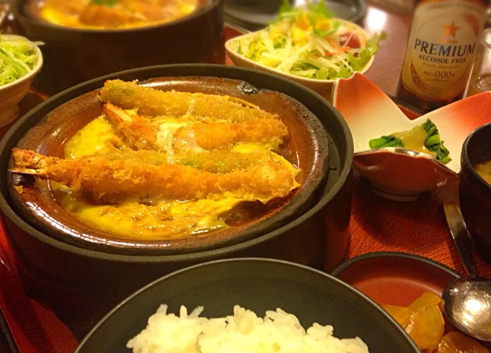 晩ごはん   たかしまん定食  今日はアスパラとえびの玉子とじ サラダ 和え物|ぽんたさん