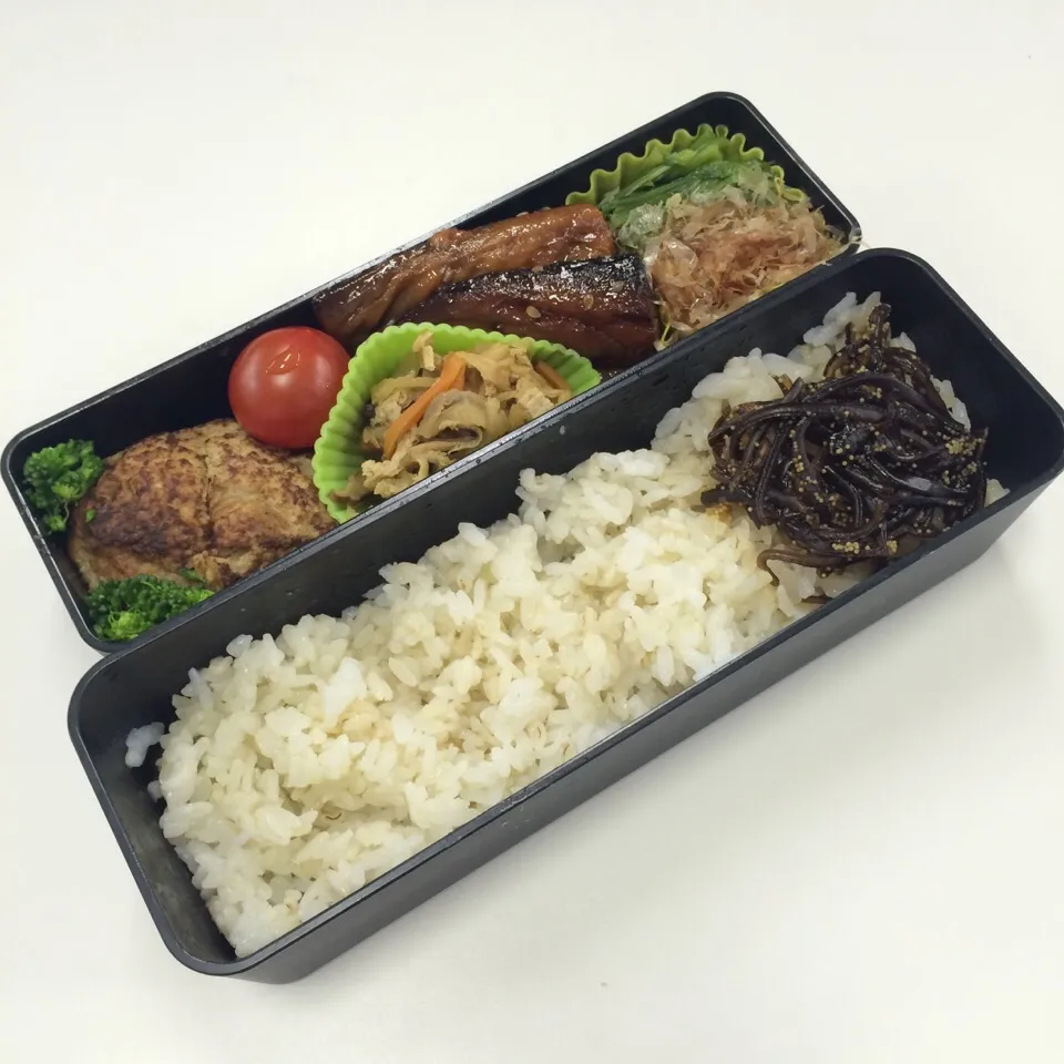 弁当（豆腐ハンバーグ、鯖味醂、切り干し大根、ほうれん草お浸し、ゴーヤきくらげ佃煮）|SasaMasa213さん