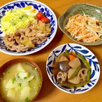 豚の生姜焼き、ごぼうと人参のサラダ、じゃがいもと玉ねぎの味噌汁、野菜の煮物（冷食）、|ゆきさん