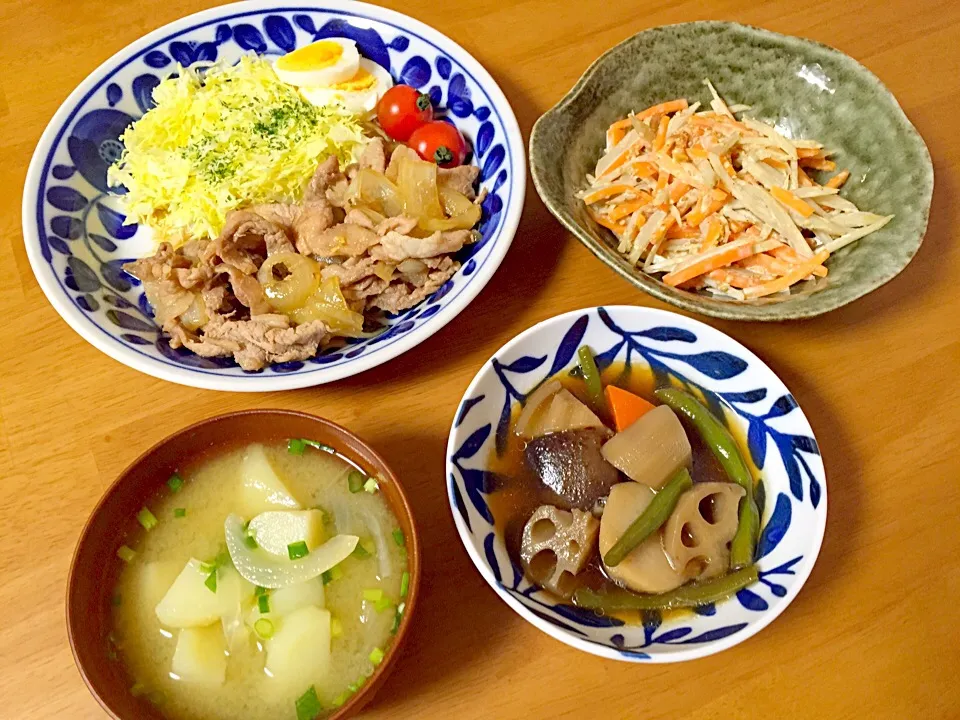 豚の生姜焼き、ごぼうと人参のサラダ、じゃがいもと玉ねぎの味噌汁、野菜の煮物（冷食）、|ゆきさん