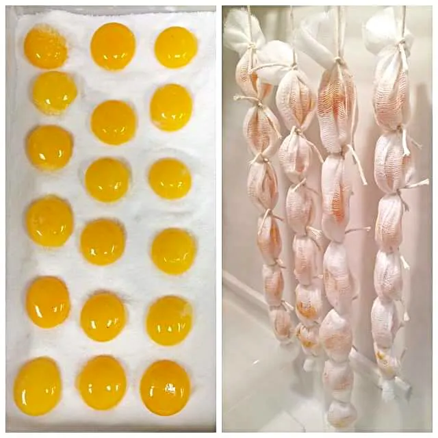 Snapdishの料理写真:salted ,cured egg yolks hanging in curing chamber. will later be used grated on other dishes|CHUENCHAIさん