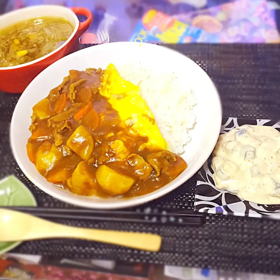 カレー。オクラ長芋の豆腐白和え。ひき肉とキャベツのコンソメスープ|OGIPAINさん