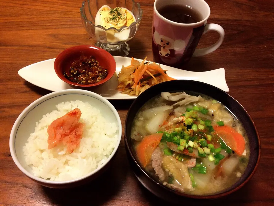 豚汁、明太子のっけご飯、ゆで卵 2015.4.23|キラ姫さん