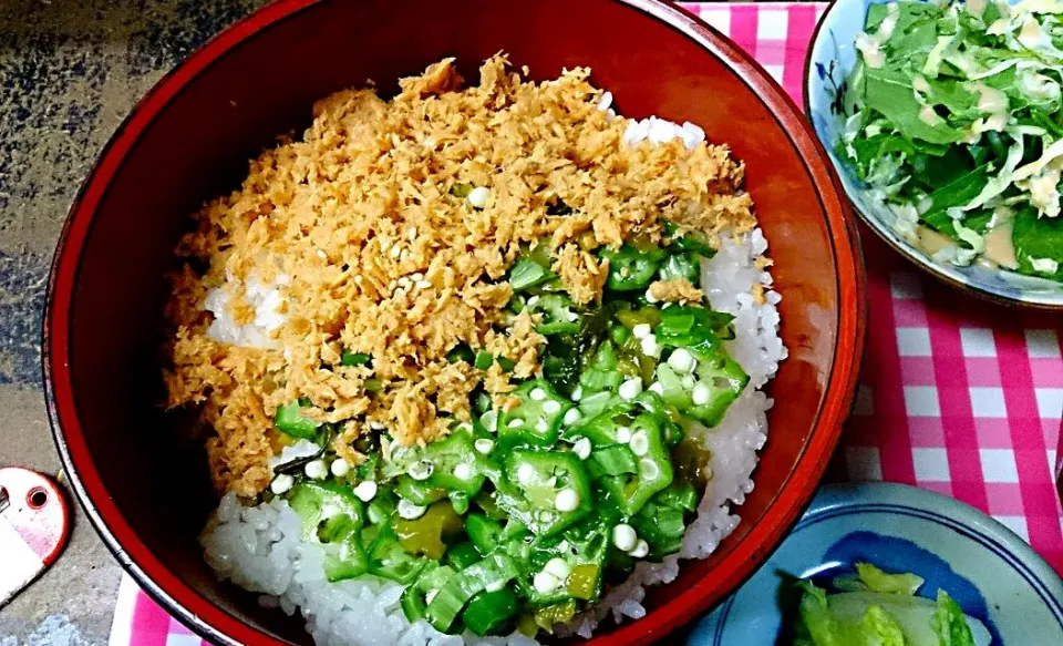 さけフレーク高菜オクラ丼|かいさん