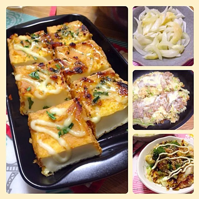 Snapdishの料理写真:4/24 豚玉チーズお好み焼き，厚揚げの味噌マヨネーズ焼，新タマネギのオリーブオリーブサラダ|kykyさん