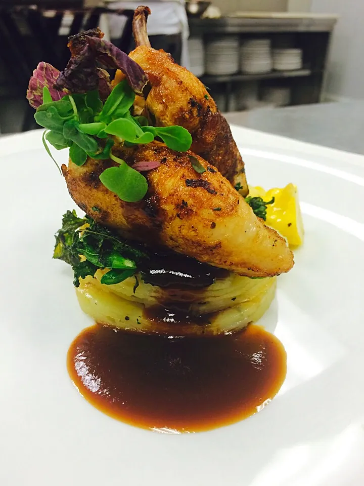 Snapdishの料理写真:Chipotle rubbed Cornish Hen stuffed with herbs served with a Goat Cheese Potato Galette charred Broccolini & Patty Pan Squash. Sundried  Tomato Jus|Milka Papricaさん