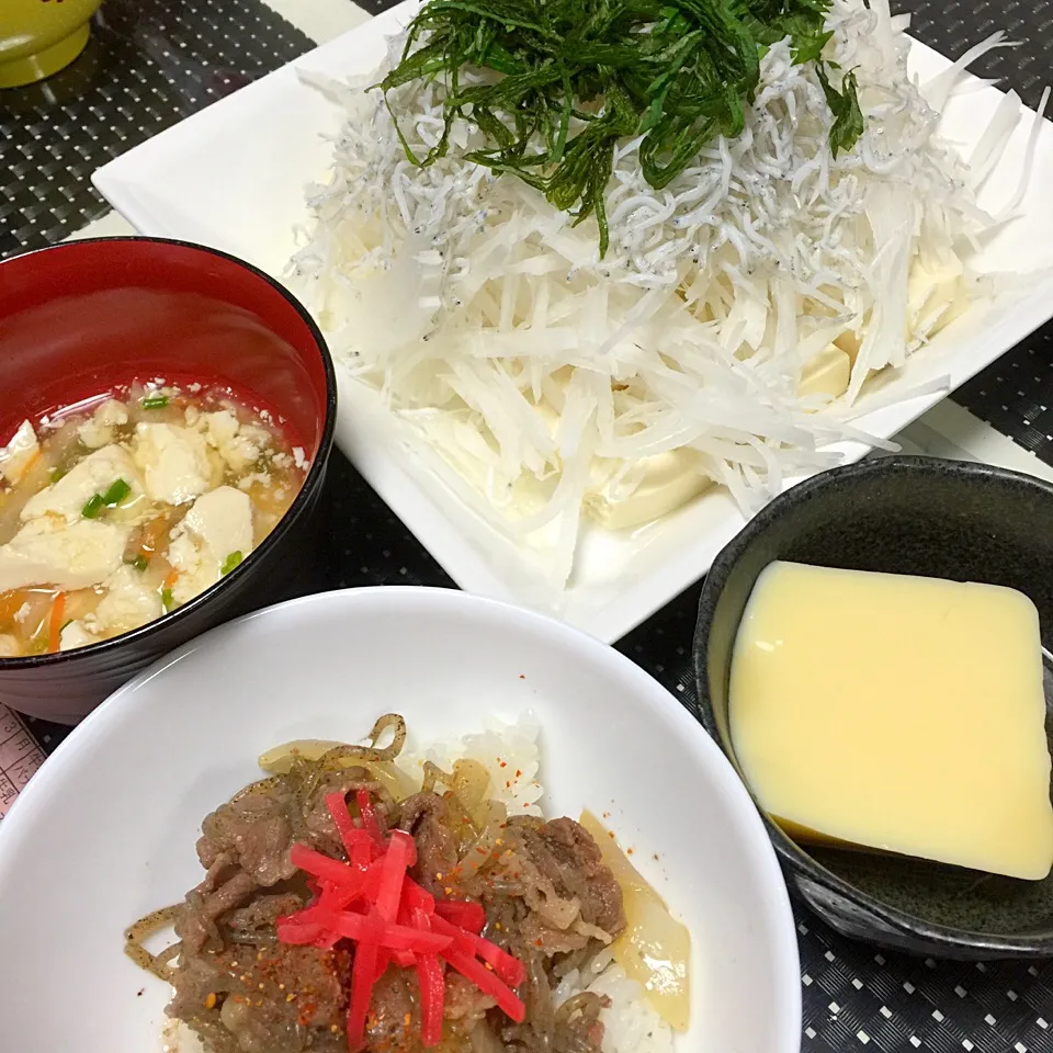 Snapdishの料理写真:牛丼☆大根と豆腐サラダ☆卵豆腐☆豆腐のトロみ汁|MEGUMIさん