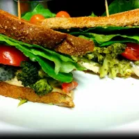 Baked crunchy tofu topped with a roasted garlic broccoli pattie held together with oaxaca cheese and finished off with lettuce, tomatoes, onions and vegenaise o|Violet Floresさん