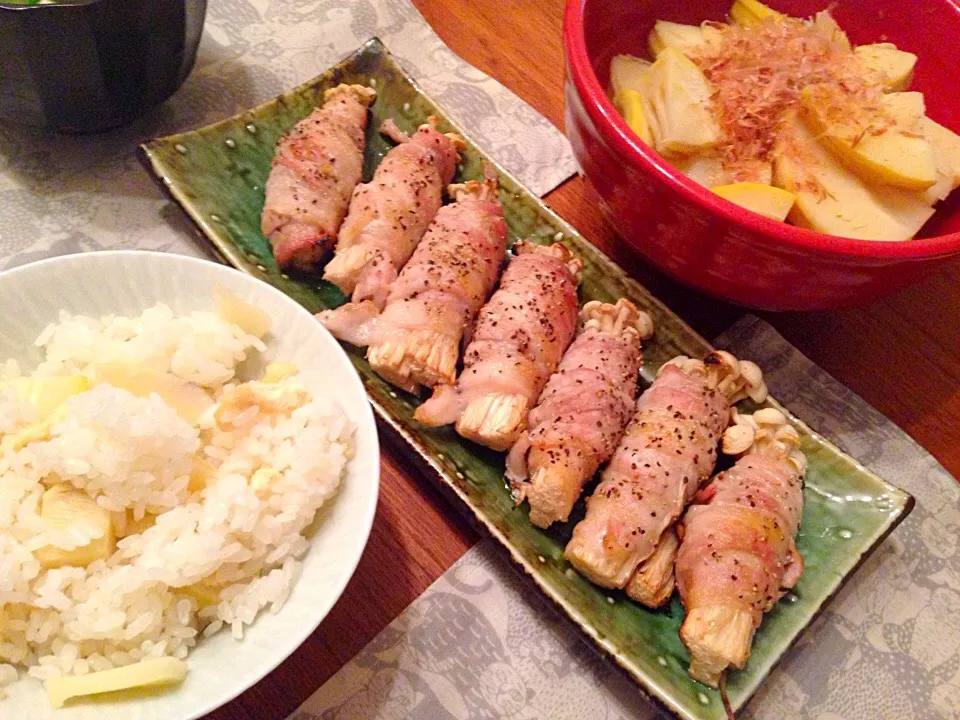 筍ごはん 筍の白だし煮 豚バラえのき巻き|美穂さん