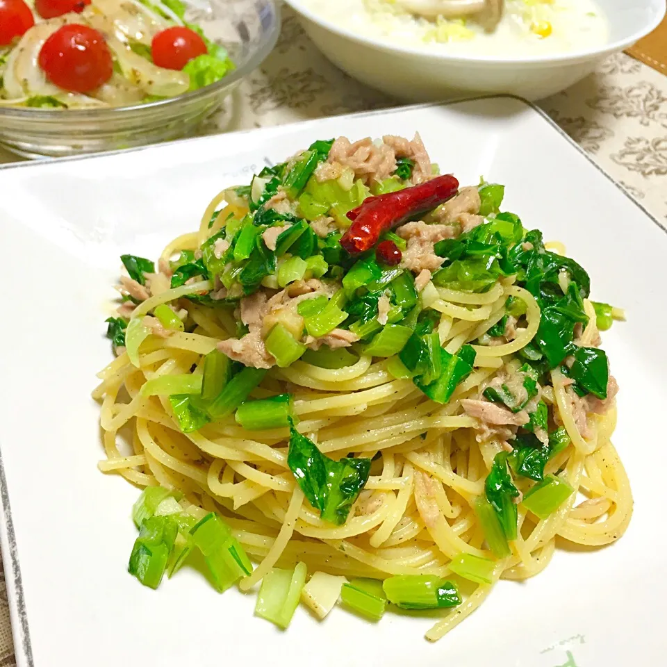 小松菜とツナのペペロンチーノスパゲティー|カウンター嬢さん