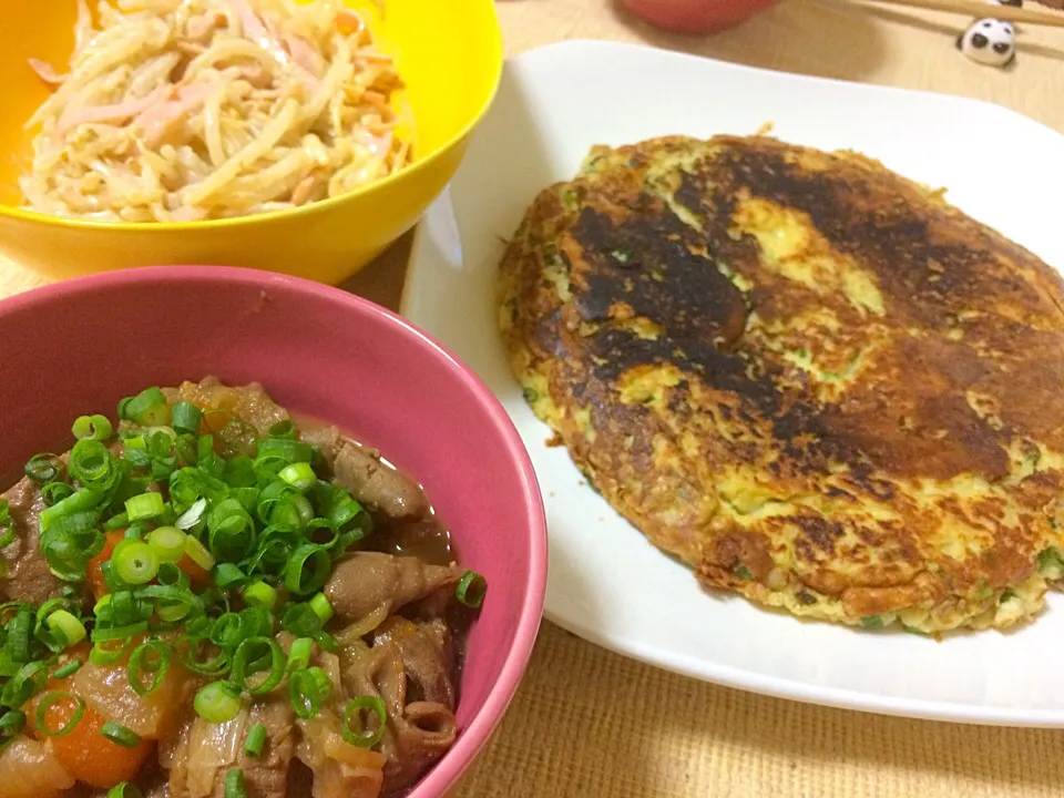 モツ煮(2日目)/長芋のとろふわ焼き/モヤシの胡麻サラダ|Hiropanさん