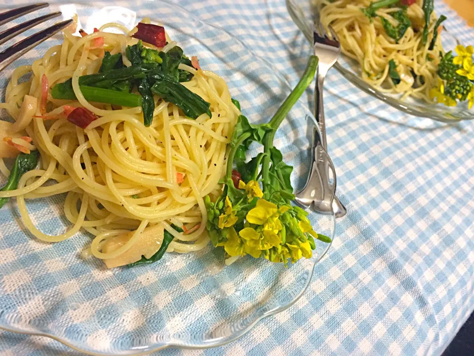 菜の花と桜エビのパスタ|みまさん