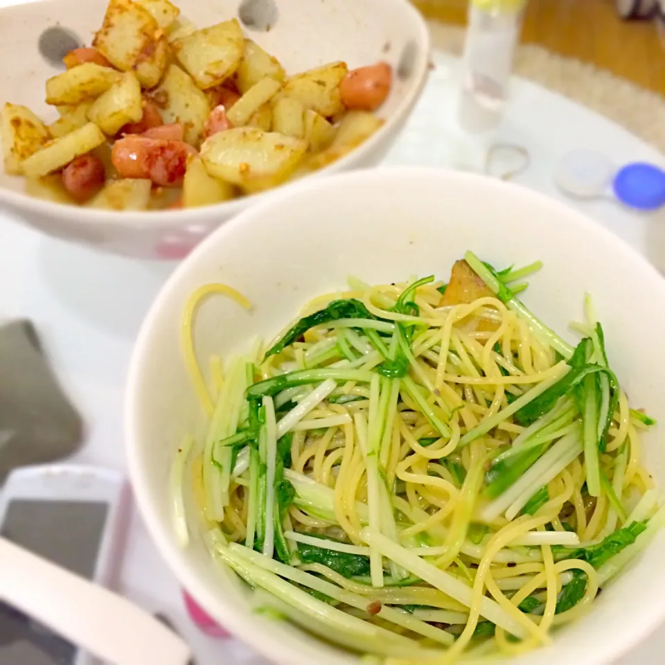 アンチョビレシピ♡水菜のパスタとポテトのガーリックソテー|まさこさん