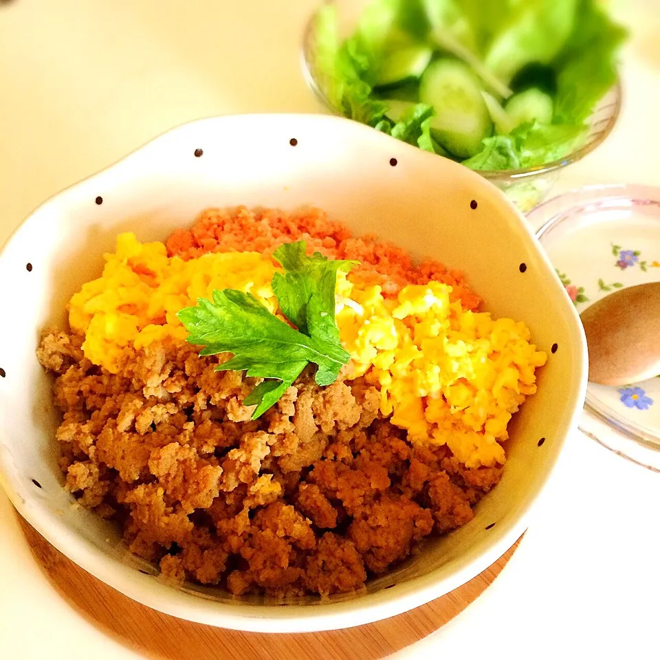 三色丼 そぼろは高野豆腐でヘルシー♬|さっちんさん