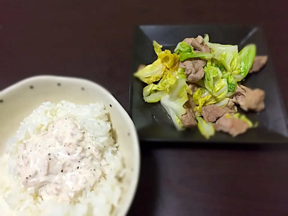 質素に豚キャベとシーチキンご飯|一人暮らしのぶうエッティさん