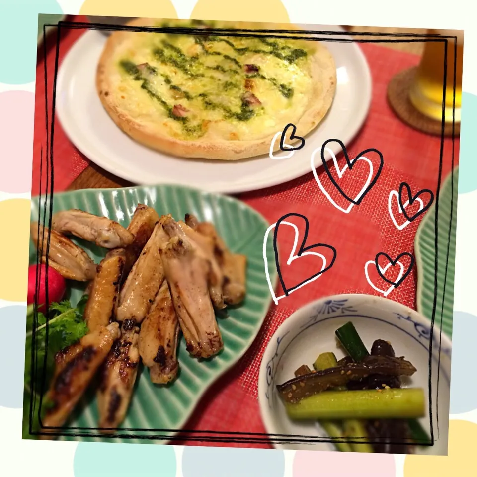 ピザ🍕
手羽中／土佐酢
冷やし茄子と胡瓜の中華サラダ|𓇼 Ⓢ Ⓗ Ⓘ Ⓝ Ⓞ Ⓑ Ⓤ 𓇼さん