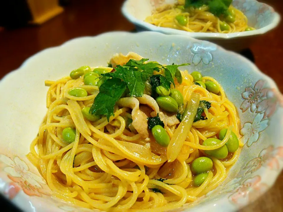 枝豆と豚バラの和風ペペロンチーノ|いちどぅしさん