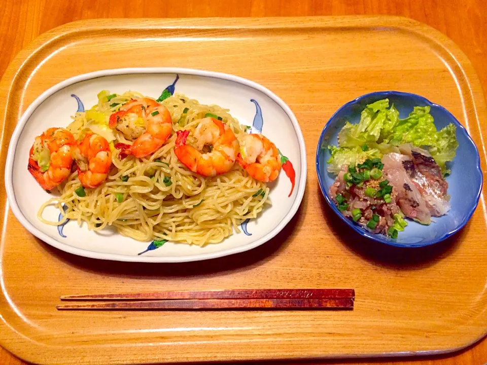 海老塩焼きそば、鯵のタタキサラダ|yuyusuzuさん